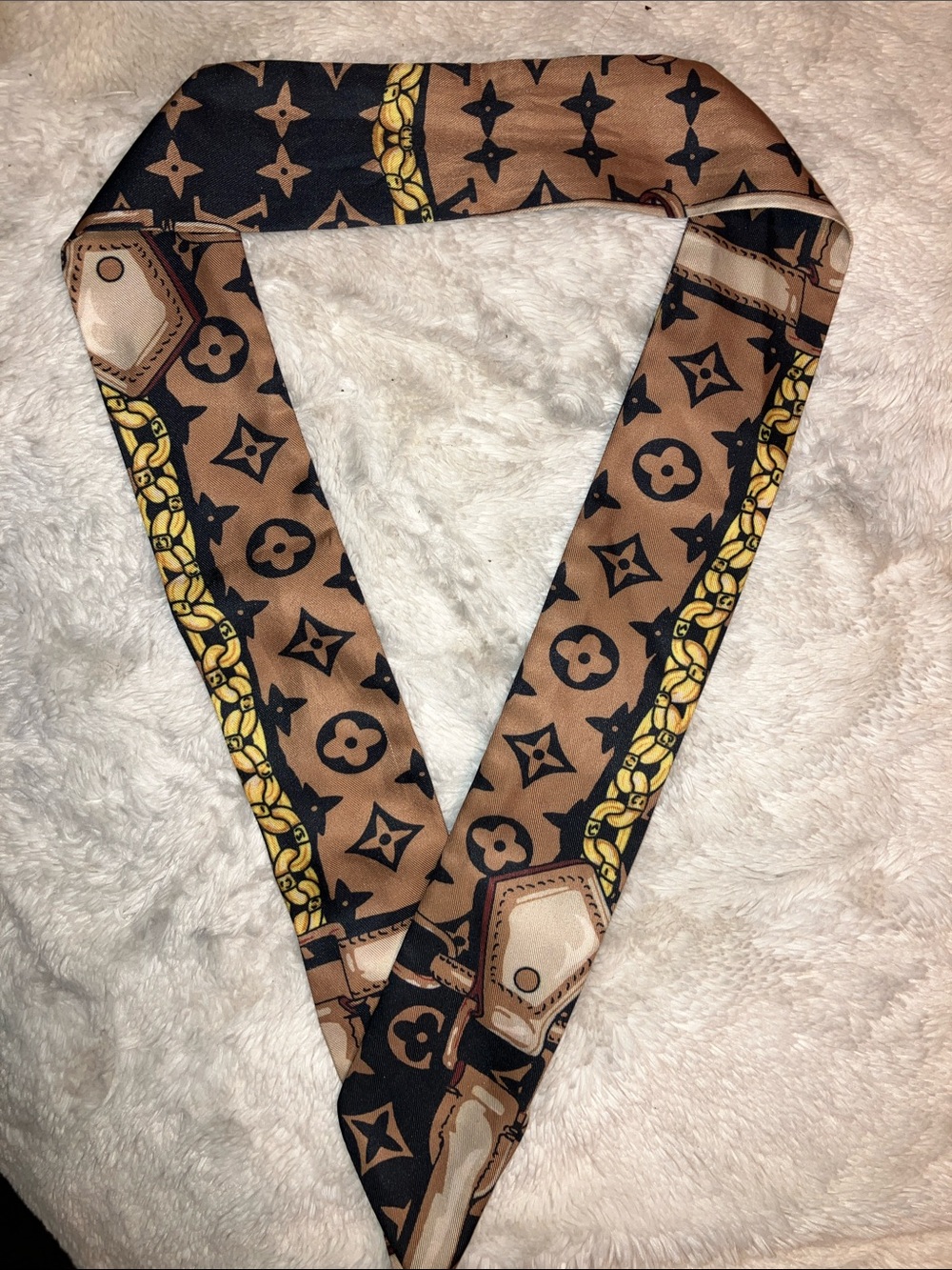 Louis Vuitton Brown Black Monogram Silk Twilly Scarf with Gold Chain Motif